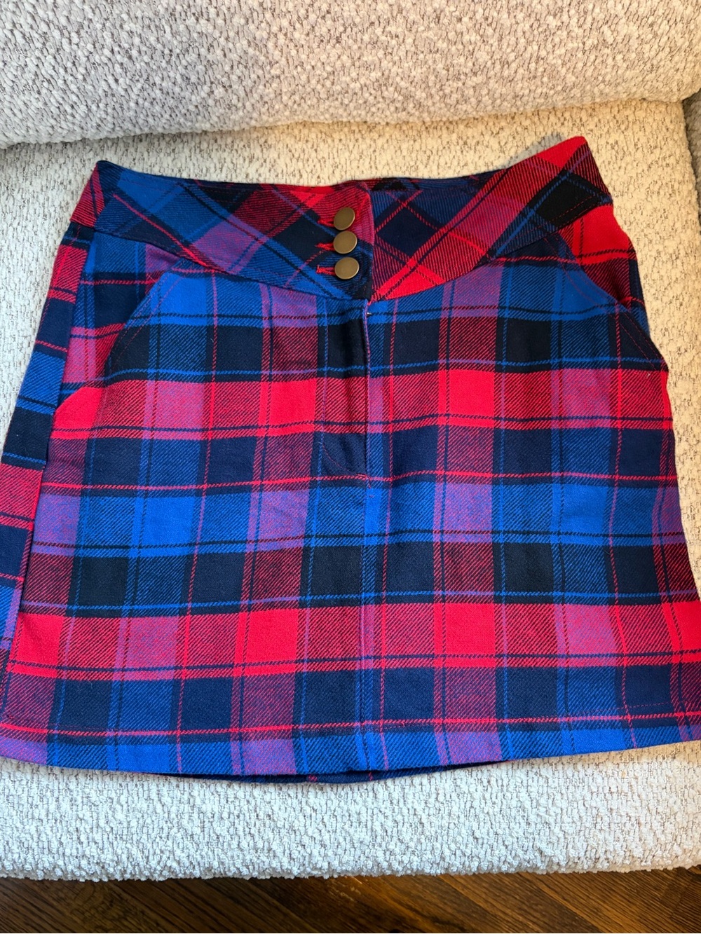 Tgla Anthropologie Plaid Button-Front Mini Skirt in Red and Blue